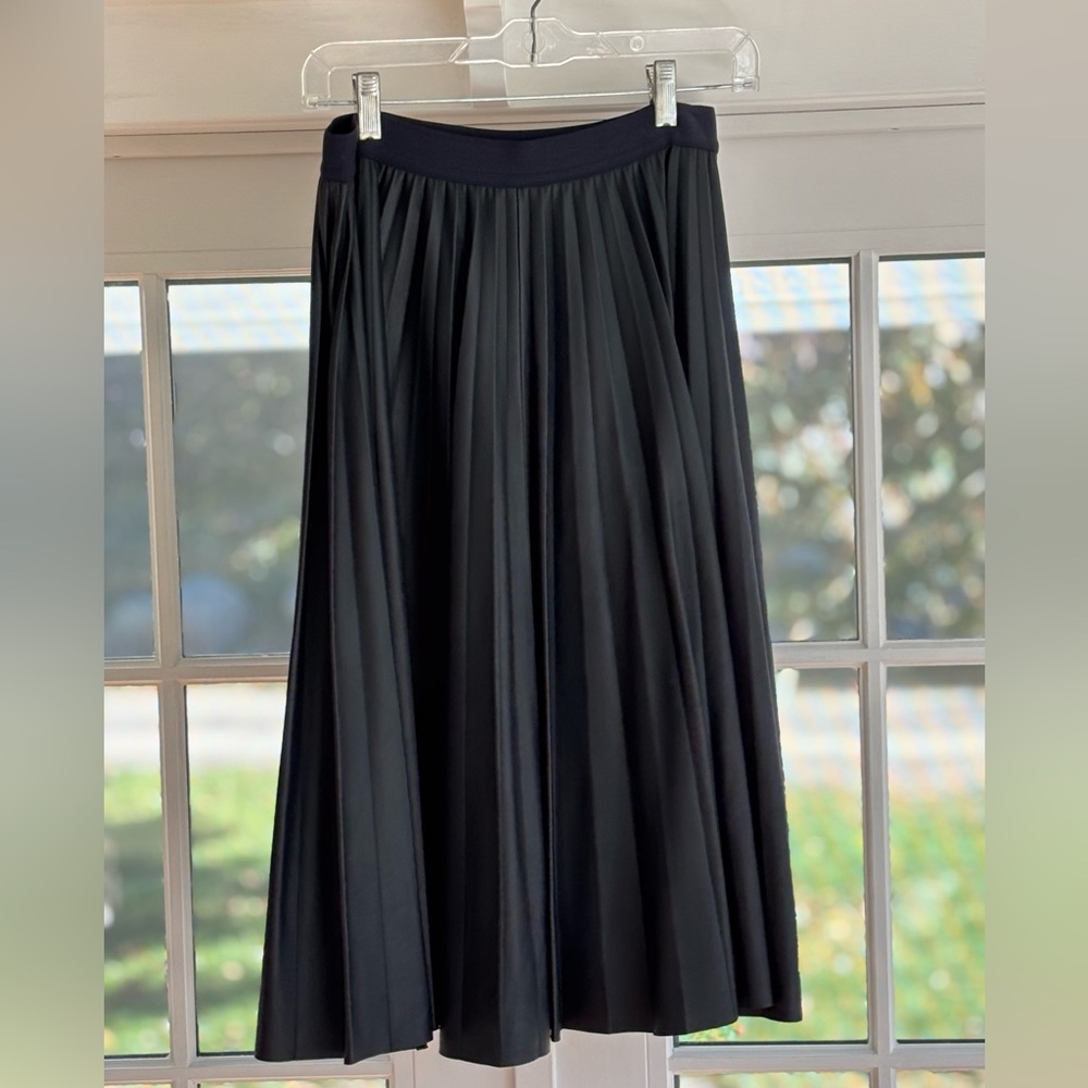Theory Navy Pleated Leather Midi Skirt